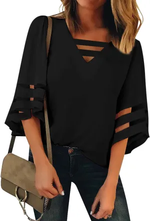 LookbookStore Tops for Women Trendy 2024 Dressy Casual V Neck Mesh Panel Blouse 3/4 Bell Sleeve Shirt