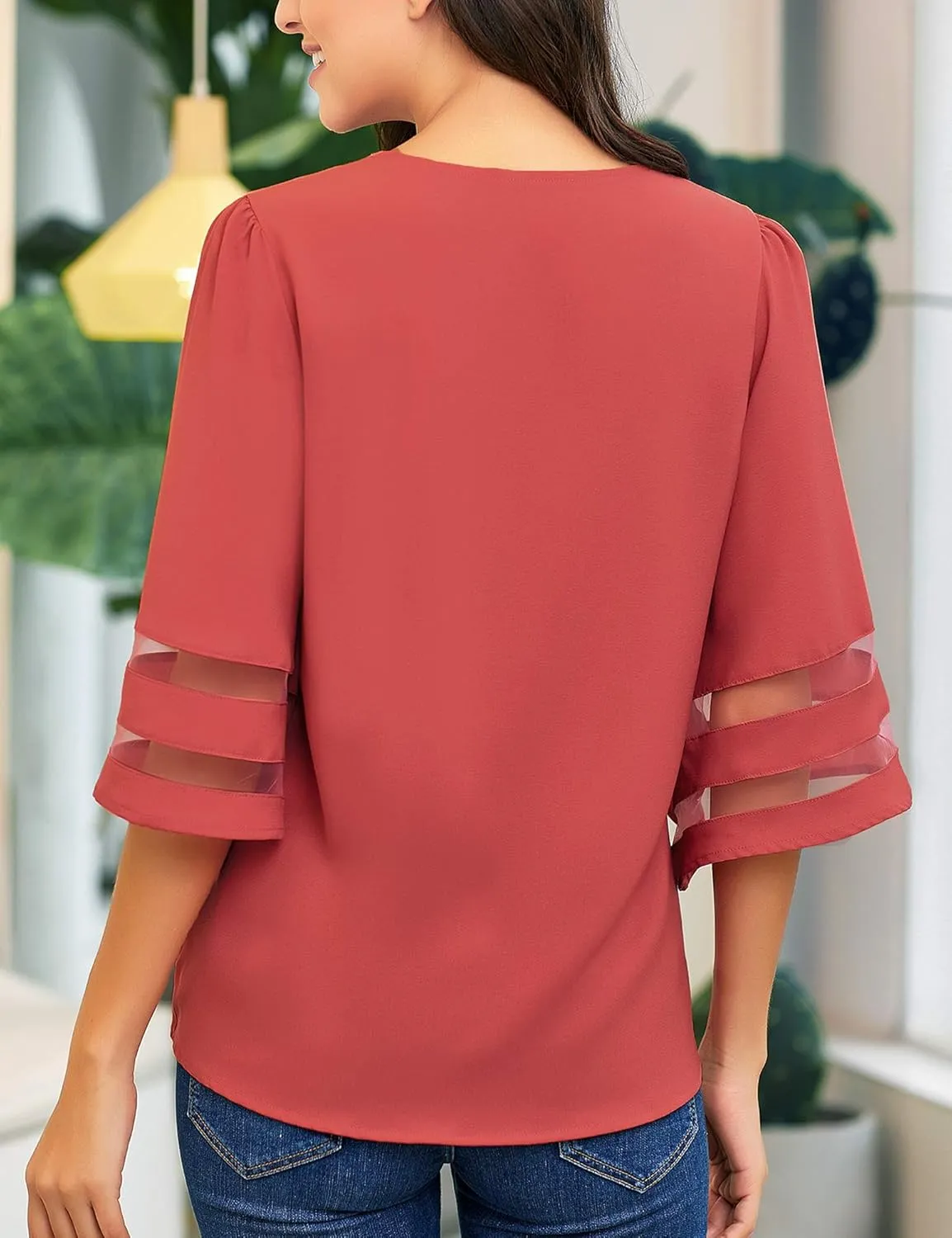 LookbookStore Tops for Women Trendy 2024 Dressy Casual V Neck Mesh Panel Blouse 3/4 Bell Sleeve Shirt