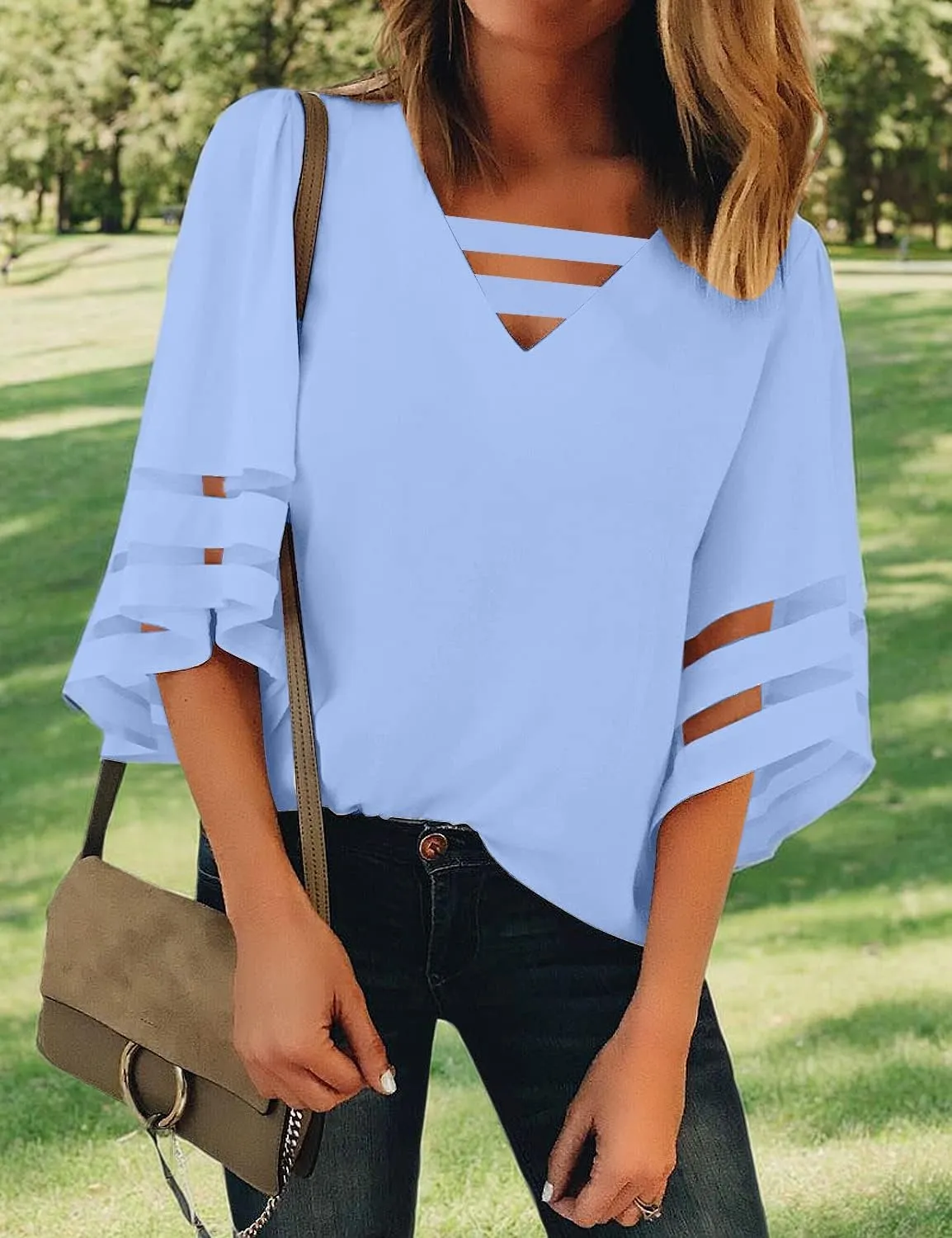 LookbookStore Tops for Women Trendy 2024 Dressy Casual V Neck Mesh Panel Blouse 3/4 Bell Sleeve Shirt