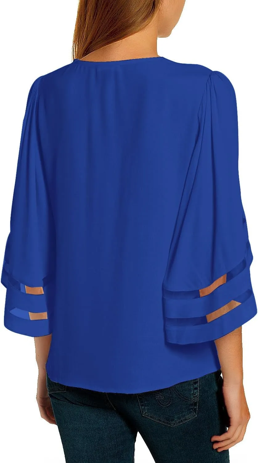 LookbookStore Tops for Women Trendy 2024 Dressy Casual V Neck Mesh Panel Blouse 3/4 Bell Sleeve Shirt