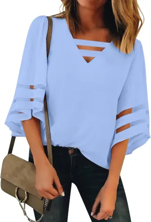LookbookStore Tops for Women Trendy 2024 Dressy Casual V Neck Mesh Panel Blouse 3/4 Bell Sleeve Shirt