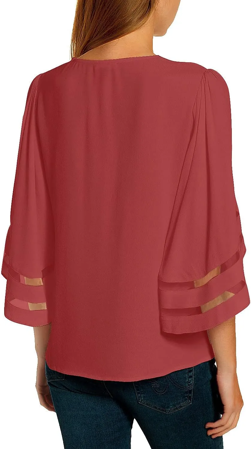 LookbookStore Tops for Women Trendy 2024 Dressy Casual V Neck Mesh Panel Blouse 3/4 Bell Sleeve Shirt