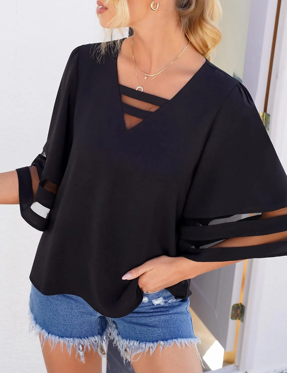 LookbookStore Tops for Women Trendy 2024 Dressy Casual V Neck Mesh Panel Blouse 3/4 Bell Sleeve Shirt