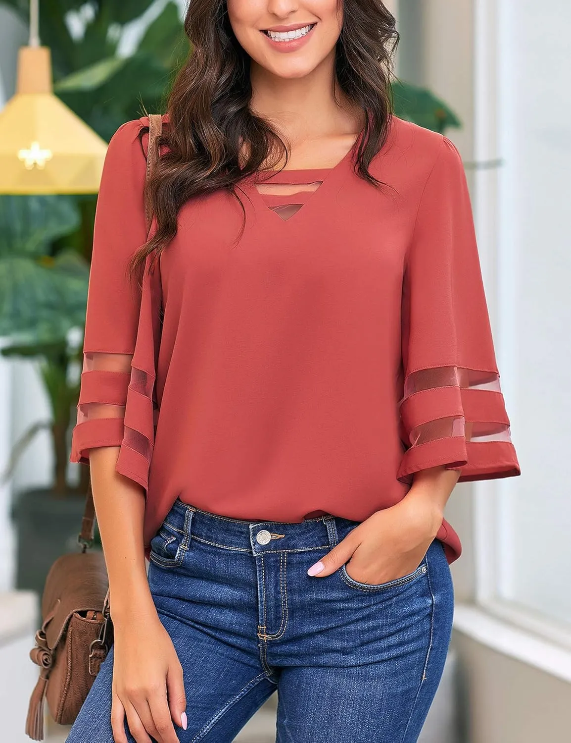 LookbookStore Tops for Women Trendy 2024 Dressy Casual V Neck Mesh Panel Blouse 3/4 Bell Sleeve Shirt