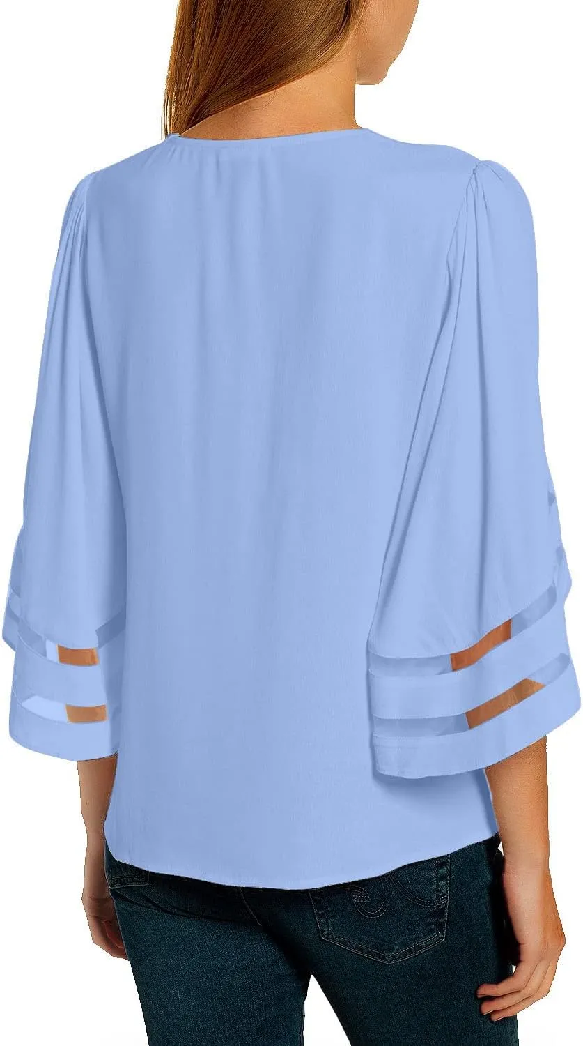 LookbookStore Tops for Women Trendy 2024 Dressy Casual V Neck Mesh Panel Blouse 3/4 Bell Sleeve Shirt
