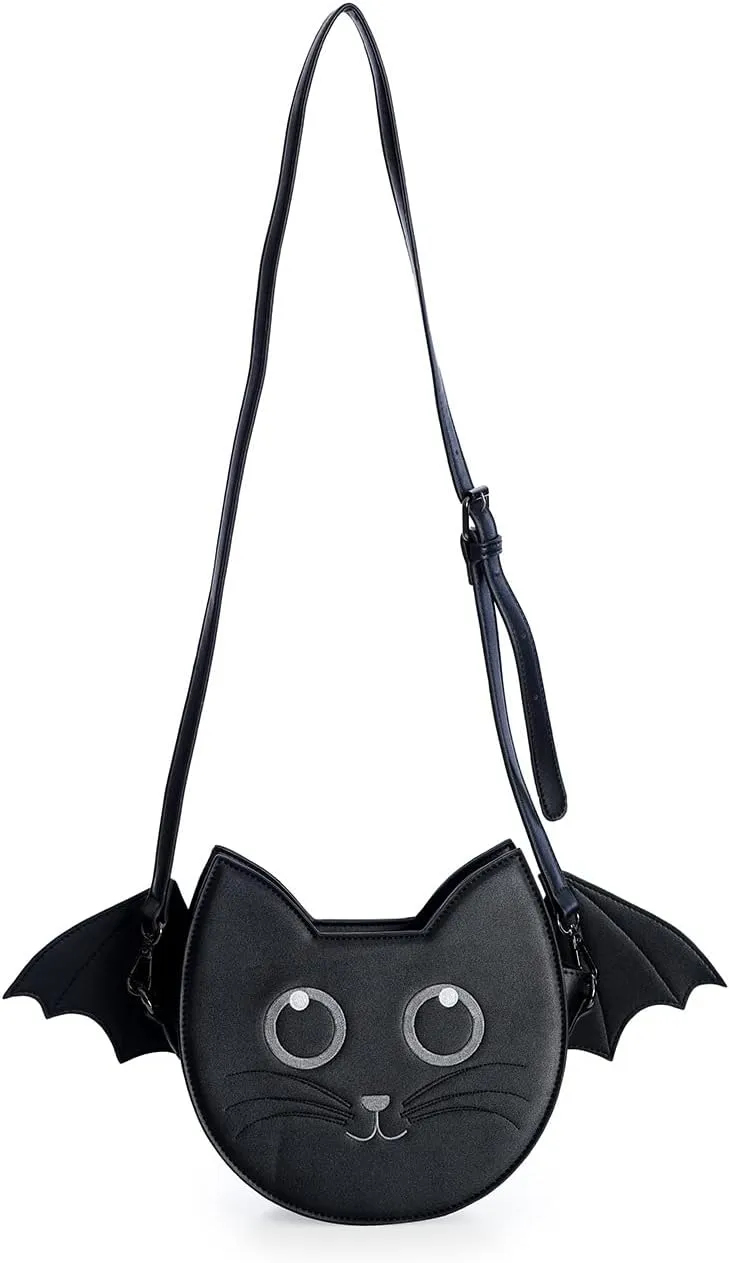 Lost Queen Women's Wendigo Shoulder Bag Cute Black Cat Bat Crossbody Purse