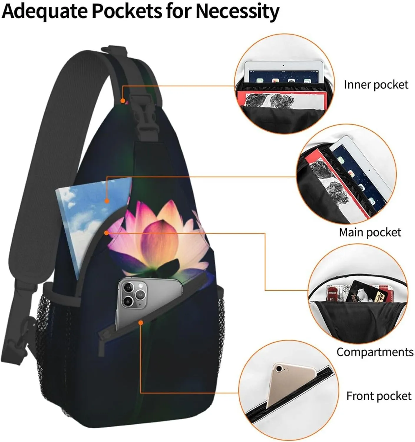 Lotus Flower Crossbody Bag Flower Shoulder Bag Backpack Womens Sling Bag Chest Casual Daypack Bag