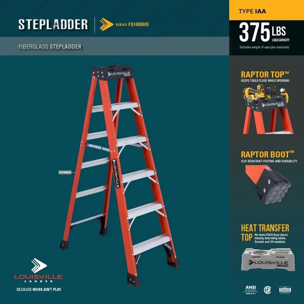 Louisville Ladder 8-Foot Fiberglass Step Ladder, 375-Pound Load Capacity, Type IAA, FS1408HD