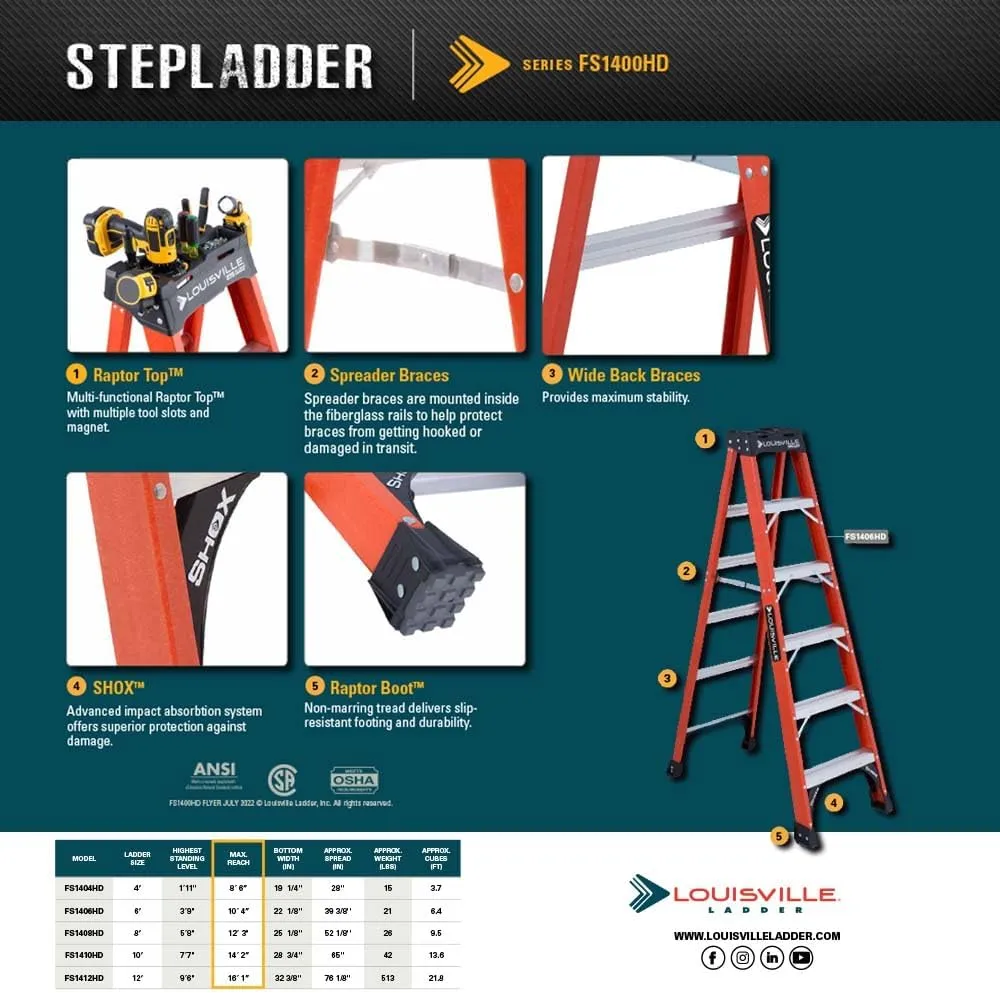 Louisville Ladder 8-Foot Fiberglass Step Ladder, 375-Pound Load Capacity, Type IAA, FS1408HD