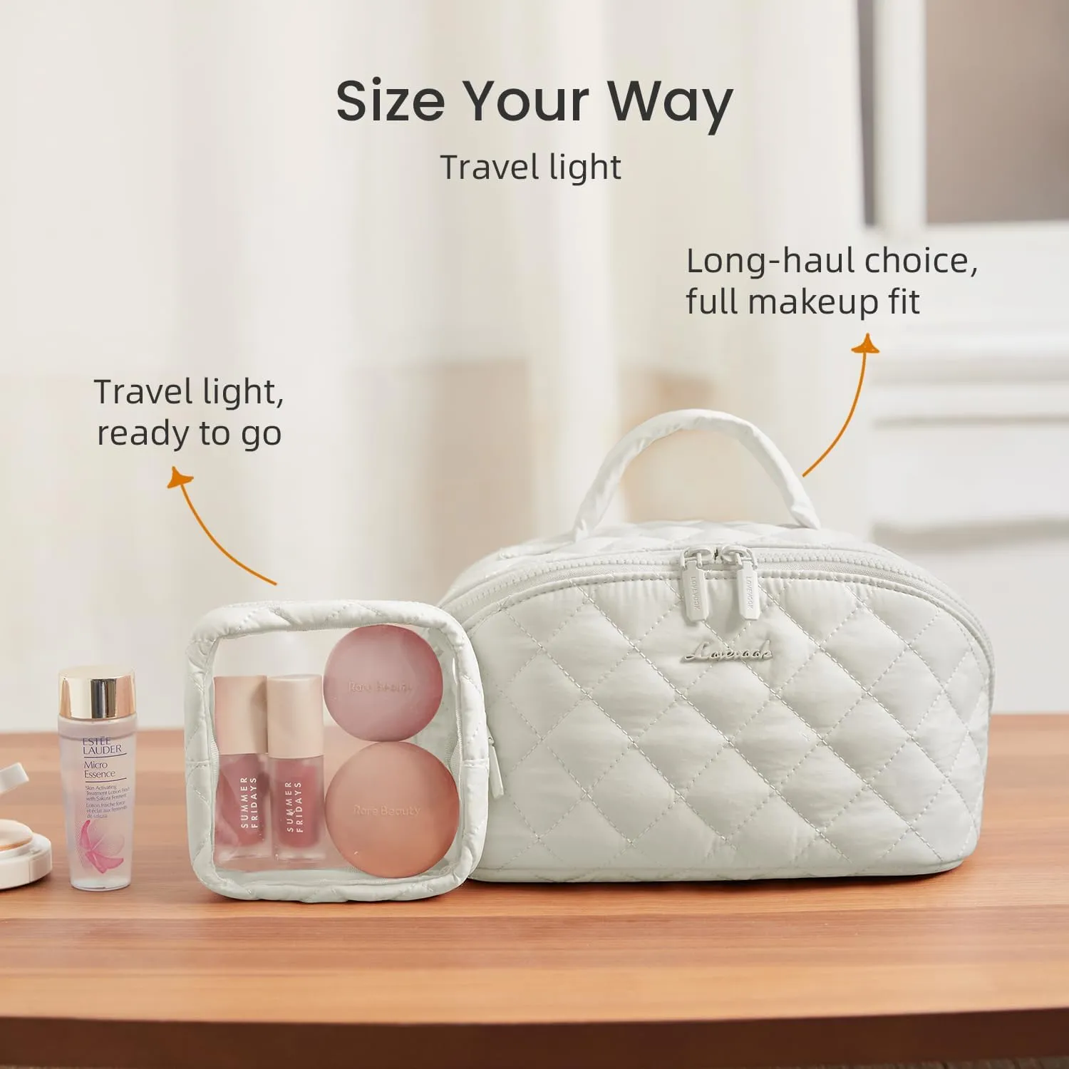 LOVEVOOK Travel Makeup Bag for Women, 2Pcs Set Puffer Waterproof Cosmetic Organizer, Large Capacity Pouch Open Flat Toiletry Bag with Divider & Handle, Portable Gift for Her, Beige