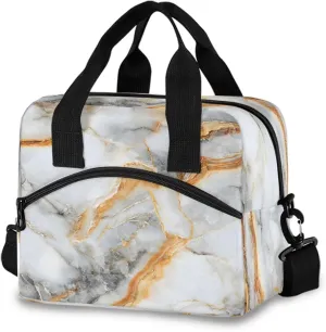 Lunch Bag for Kids White Marble with Hints Of Black and Gold Pattern Cooler Lunch Box Large Capacity Lunch Organizer for Boys Girls