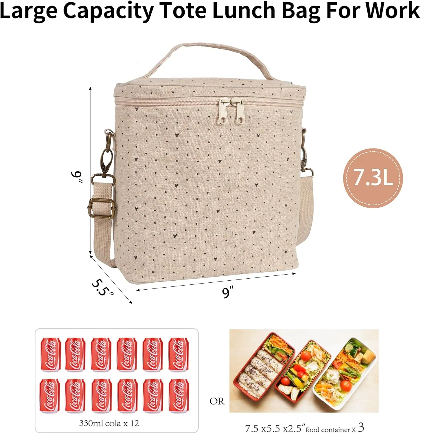 Lunch Box for Women, Soft Lunch bag with Double Zipper Close and adjustable shoulder strap, Insulated Cooler Bag for Work, Travel & Picnic (Black Small Dots)