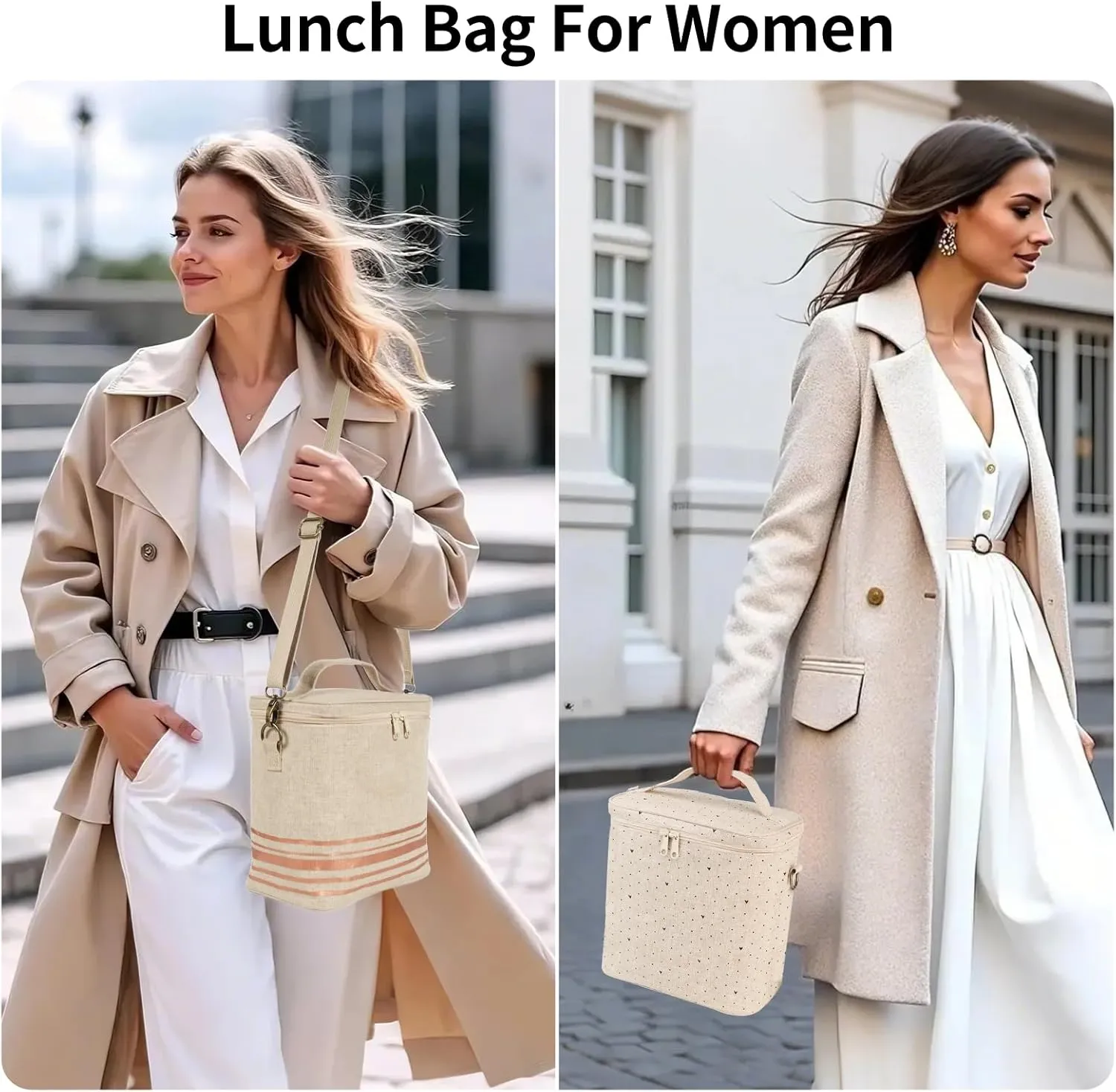 Lunch Box for Women, Soft Lunch bag with Double Zipper Close and adjustable shoulder strap, Insulated Cooler Bag for Work, Travel & Picnic (Black Small Dots)
