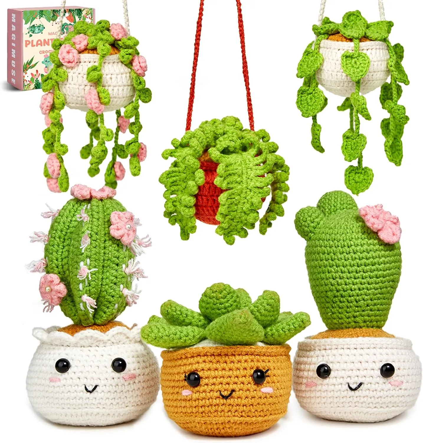 MAGIMUSE Crochet Kit for Beginners, Crochet Starter Kits, Amigurumi Craft Knitting Crocheting Kits with Step-by-Step Video Tutorials, 6 Pack Hanging Potted Plants Family(40%  Yarn
