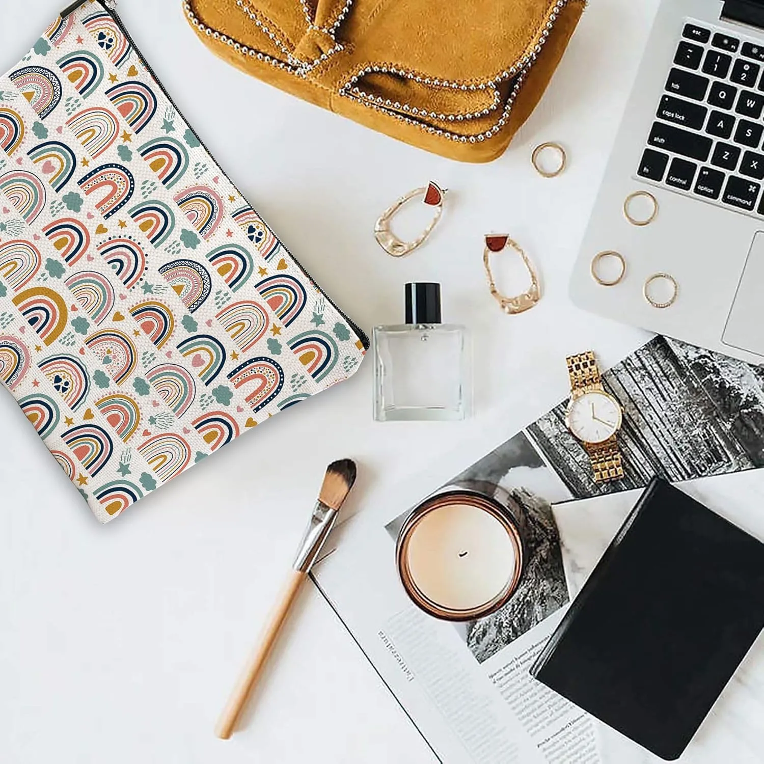 Makeup Bag Bohemian Rainbows Cosmetic Bag Mini Portable Travel Toiletry Bag Organizer Makeup Brushes Aesthetic Accessories Waterproof Storage Bag for Women