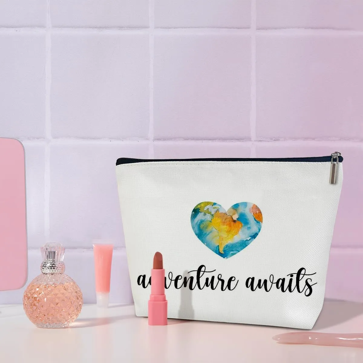 Makeup Bag for Women Adventure Awaits, Graduation Travel Gifts for Women Who Like to Travel Flight Attendant Sister Daughter Friends Farewell Gift Toiletry Cosmetic Bag, Zipper Organizer Pouch -FS300