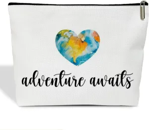 Makeup Bag for Women Adventure Awaits, Graduation Travel Gifts for Women Who Like to Travel Flight Attendant Sister Daughter Friends Farewell Gift Toiletry Cosmetic Bag, Zipper Organizer Pouch -FS300