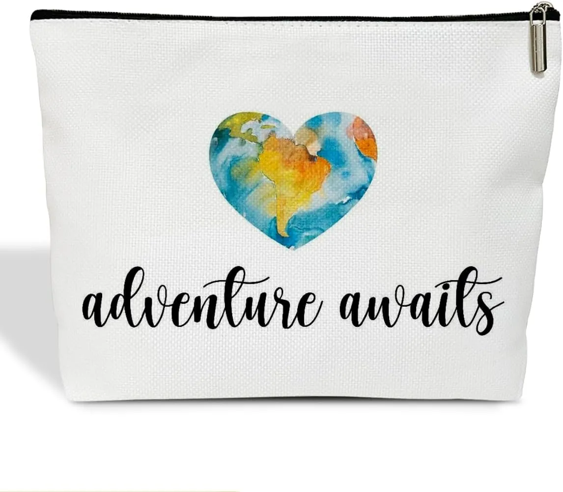 Makeup Bag for Women Adventure Awaits, Graduation Travel Gifts for Women Who Like to Travel Flight Attendant Sister Daughter Friends Farewell Gift Toiletry Cosmetic Bag, Zipper Organizer Pouch -FS300