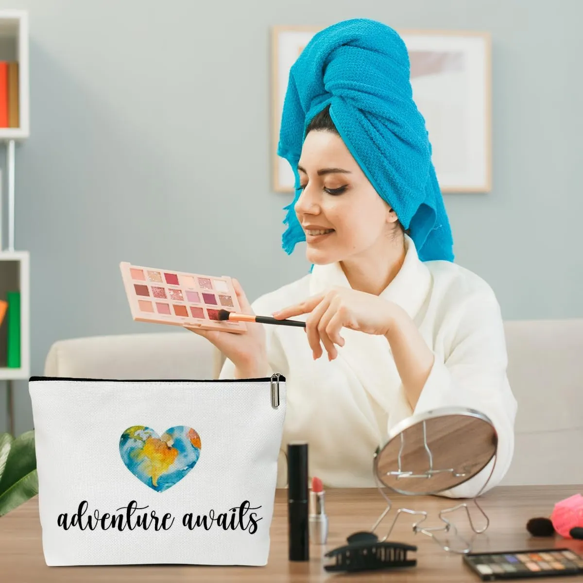 Makeup Bag for Women Adventure Awaits, Graduation Travel Gifts for Women Who Like to Travel Flight Attendant Sister Daughter Friends Farewell Gift Toiletry Cosmetic Bag, Zipper Organizer Pouch -FS300