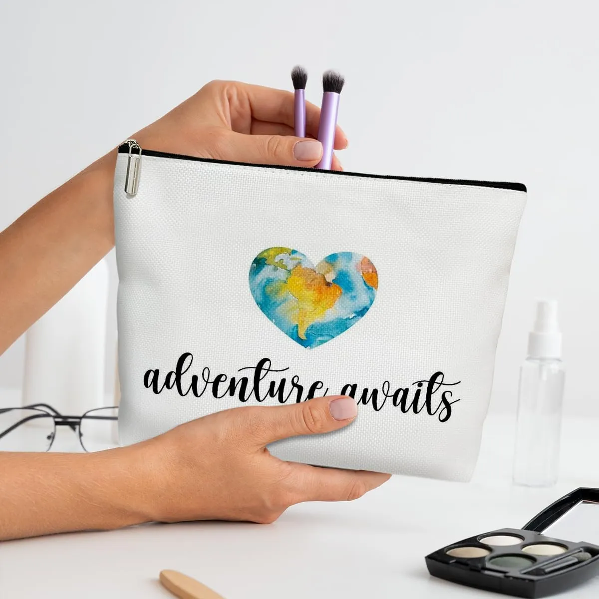 Makeup Bag for Women Adventure Awaits, Graduation Travel Gifts for Women Who Like to Travel Flight Attendant Sister Daughter Friends Farewell Gift Toiletry Cosmetic Bag, Zipper Organizer Pouch -FS300