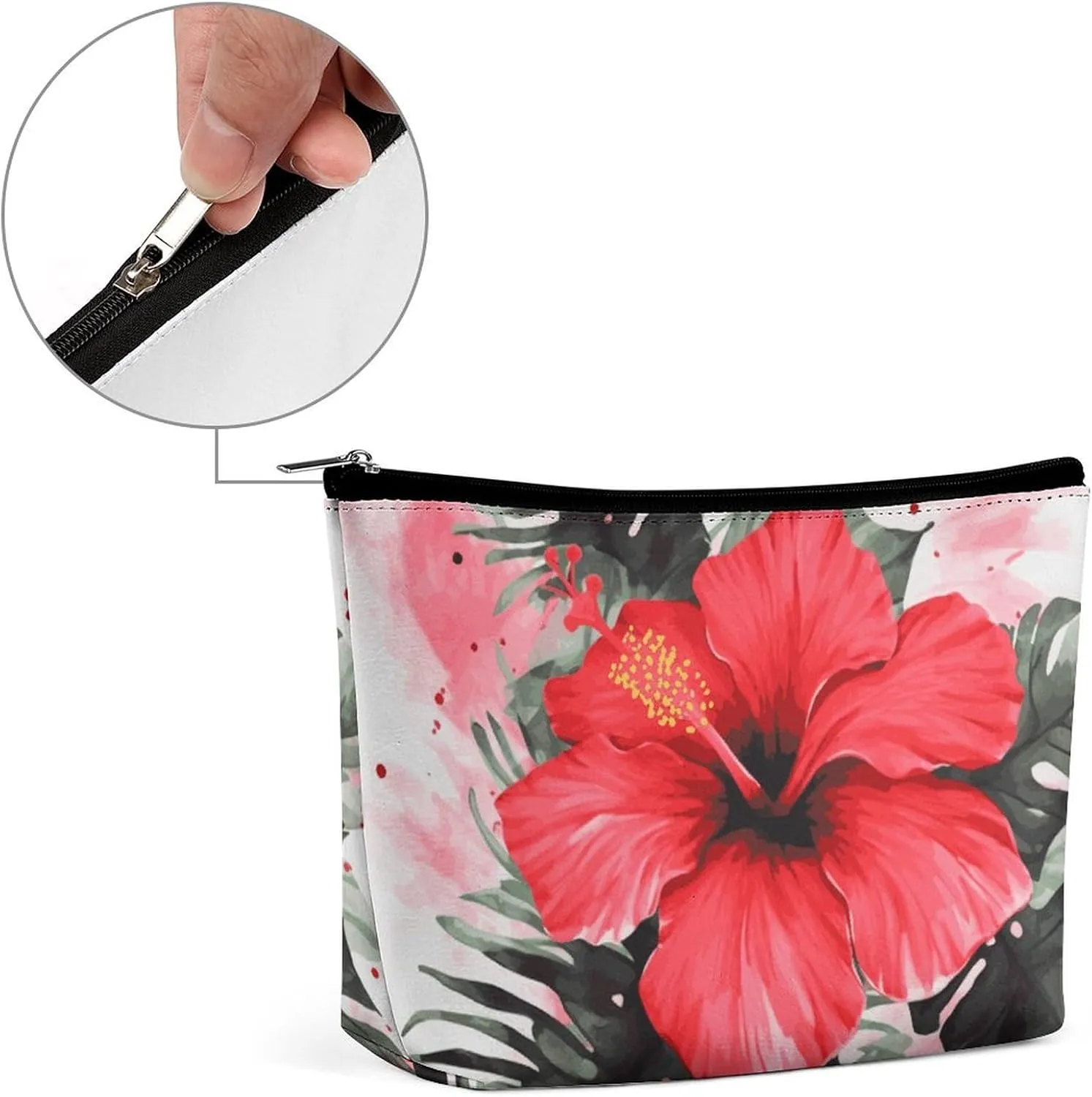 Makeup Bag Portable Cosmetic Bag Large Capacity Travel Makeup Bag Storage Bag Red Hibiscus Printed Toiletry Bag Suitable for Women And Girls