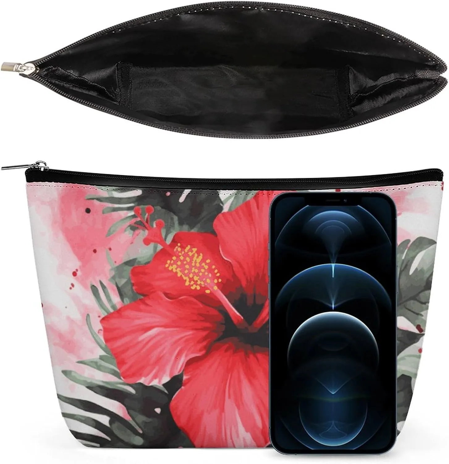 Makeup Bag Portable Cosmetic Bag Large Capacity Travel Makeup Bag Storage Bag Red Hibiscus Printed Toiletry Bag Suitable for Women And Girls