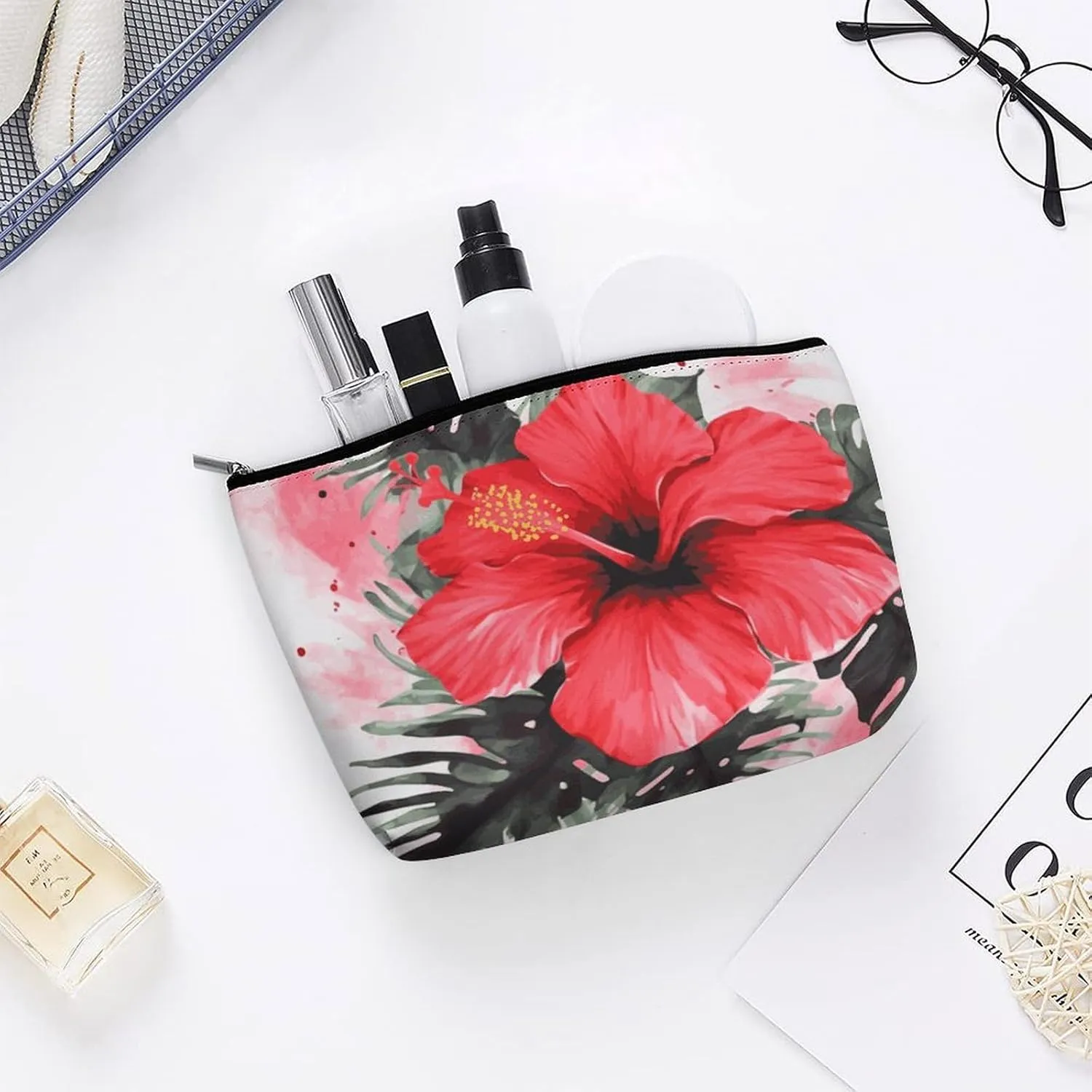 Makeup Bag Portable Cosmetic Bag Large Capacity Travel Makeup Bag Storage Bag Red Hibiscus Printed Toiletry Bag Suitable for Women And Girls