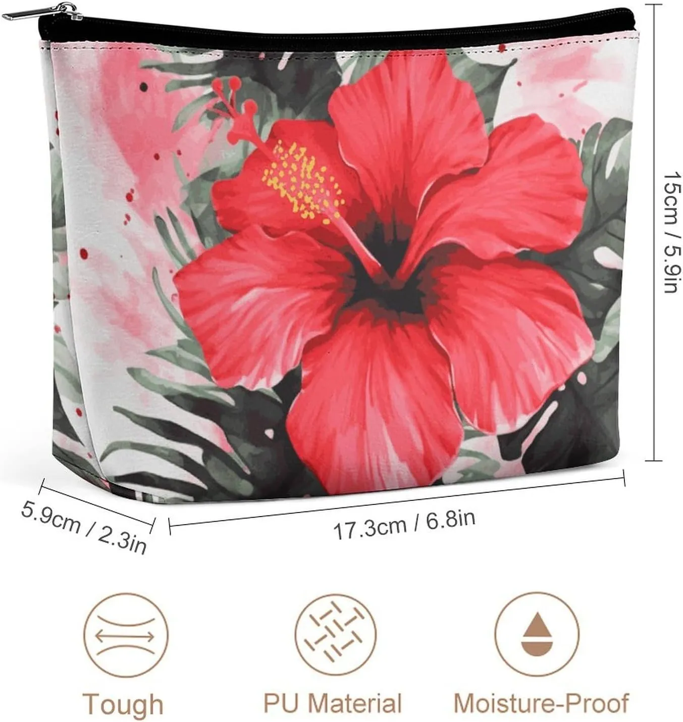 Makeup Bag Portable Cosmetic Bag Large Capacity Travel Makeup Bag Storage Bag Red Hibiscus Printed Toiletry Bag Suitable for Women And Girls