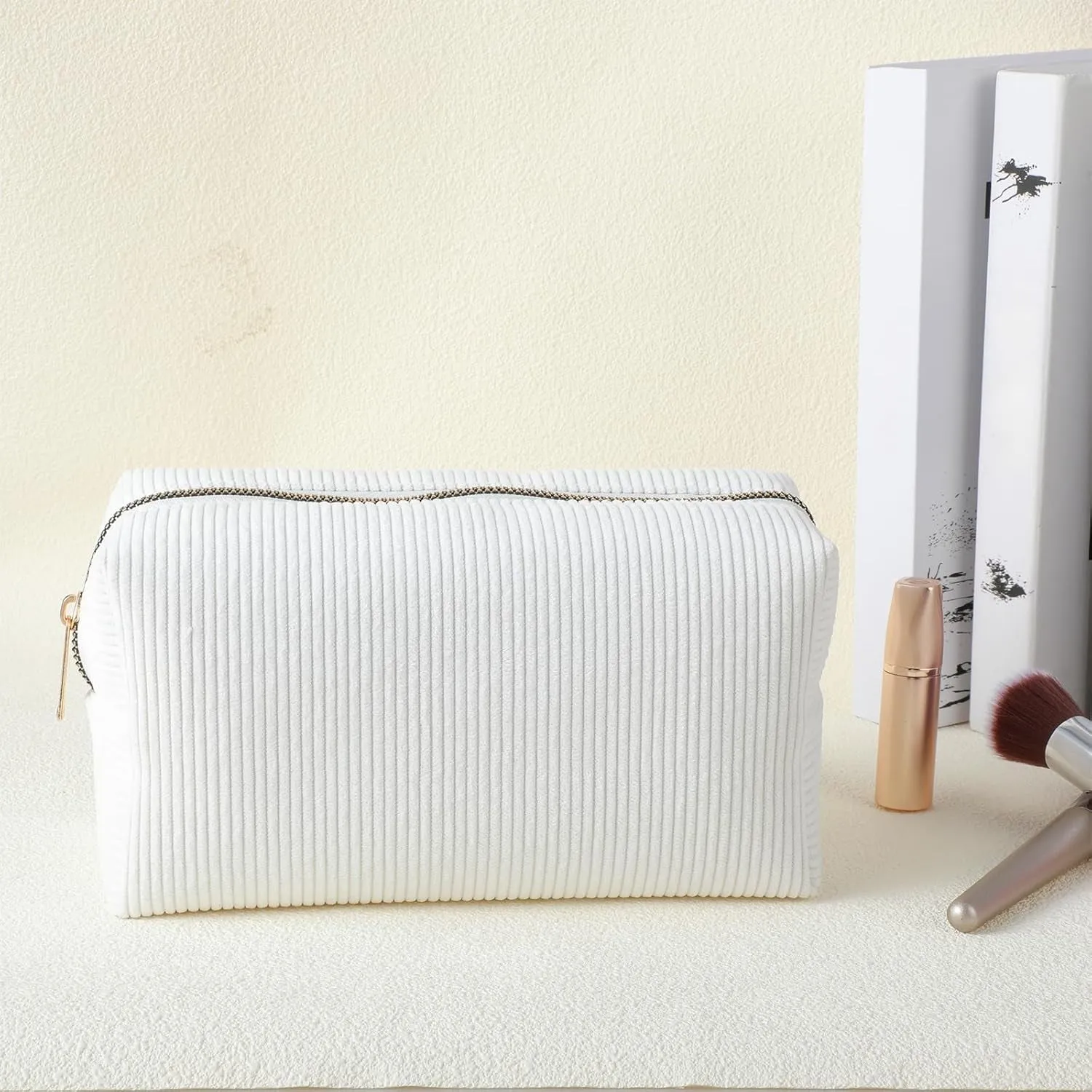 Makeup Bag Travel Cosmetic Bag, White Stripes Makeup Pouch for Women Travel Makeup Organizer Bag, Small Plush Make up Pouch Purse Cosmetic Bags Toiletry Skincare Bag