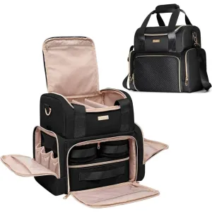 Makeup Cosmetic Bag with 3 Removable Cases – Double Layer Travel Organizer with Dividers and Brushes Storage Section