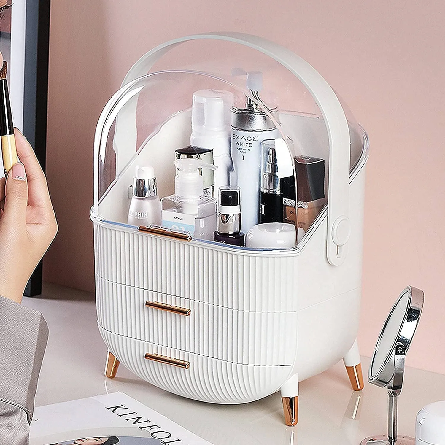 Makeup Storage Organizer Fashion Big Capacity - Storage Box Waterproof Dustproof Bathroom Desktop Beauty Makeup Organizer (White)