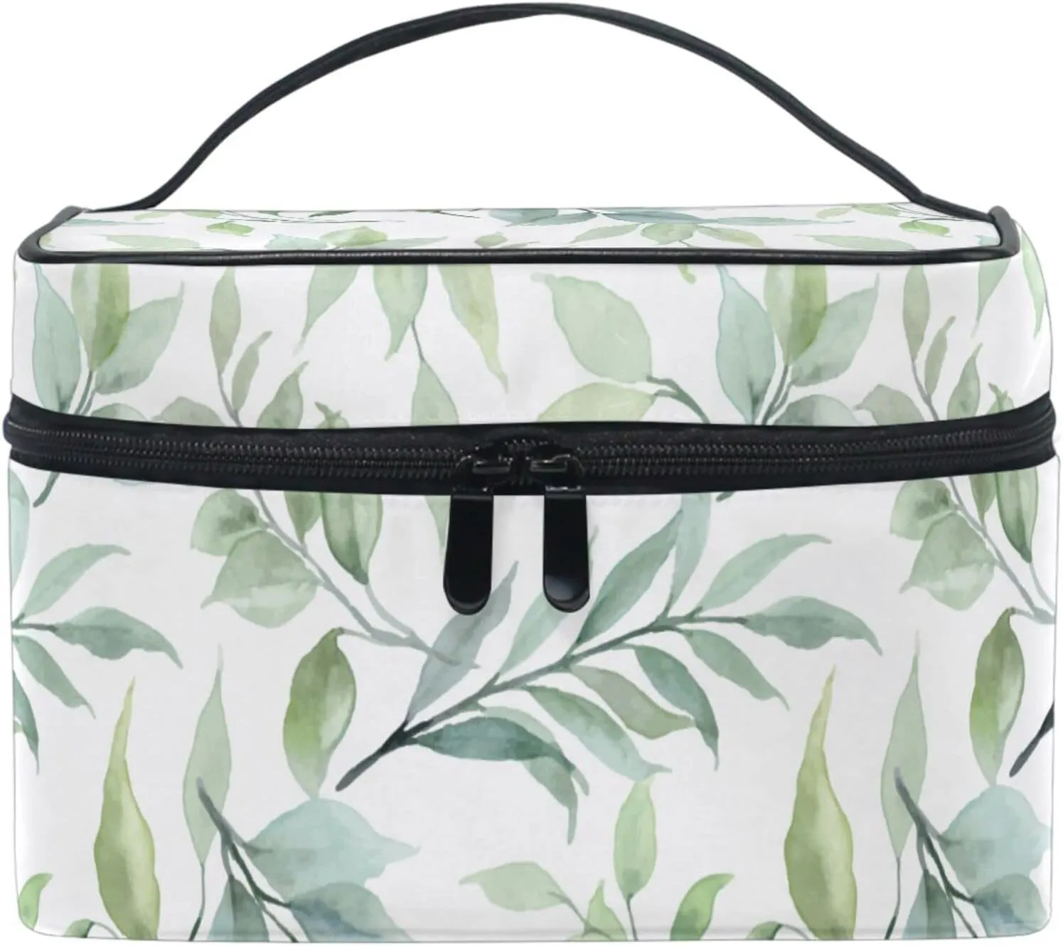 Makeup Train Case Green Leaf Plant Summer Korean Carrying Portable Zip Travel Cosmetic Brush Bag Organizer Large for Girls Women