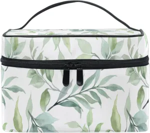 Makeup Train Case Green Leaf Plant Summer Korean Carrying Portable Zip Travel Cosmetic Brush Bag Organizer Large for Girls Women