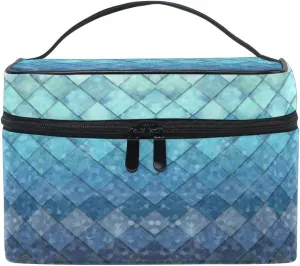 Makeup Train Case Royal Blue Mermaid Scales Geometric Rhombus Korean Carrying Portable Zip Travel Cosmetic Brush Bag Organizer Large for Girls Women