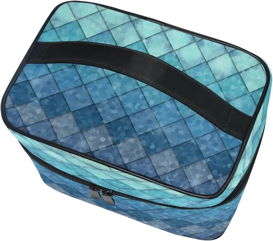 Makeup Train Case Royal Blue Mermaid Scales Geometric Rhombus Korean Carrying Portable Zip Travel Cosmetic Brush Bag Organizer Large for Girls Women