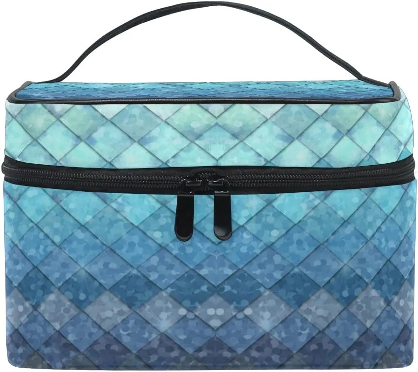 Makeup Train Case Royal Blue Mermaid Scales Geometric Rhombus Korean Carrying Portable Zip Travel Cosmetic Brush Bag Organizer Large for Girls Women