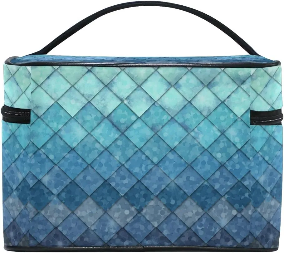 Makeup Train Case Royal Blue Mermaid Scales Geometric Rhombus Korean Carrying Portable Zip Travel Cosmetic Brush Bag Organizer Large for Girls Women
