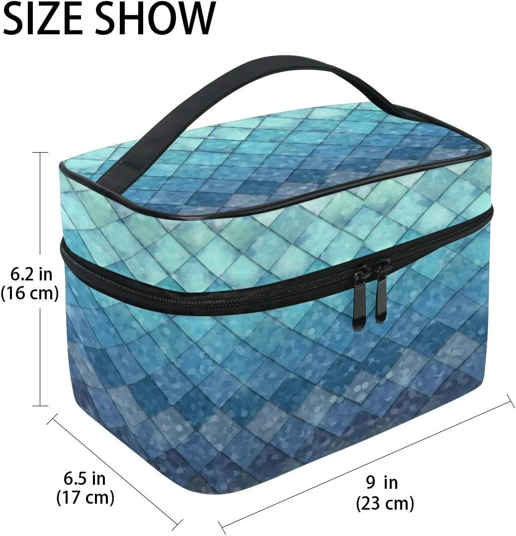 Makeup Train Case Royal Blue Mermaid Scales Geometric Rhombus Korean Carrying Portable Zip Travel Cosmetic Brush Bag Organizer Large for Girls Women