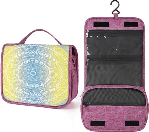 Mandala Theme,Makeup Bag Cosmetic Travel Bag with Hanging Hook,Mandala Universe Spirit Print,Water-resistant Make Up Bag Organizer for Brushes,Full-size Container,Toiletries,Blue Yellow