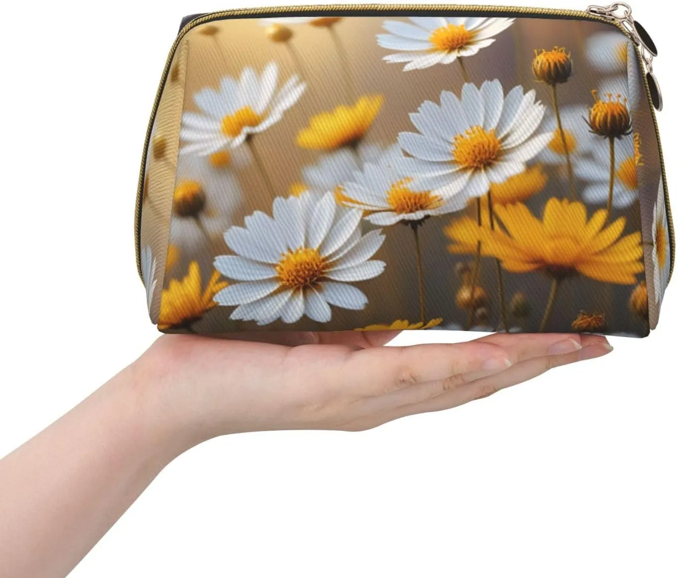 Many Golden Flowers Printed Small Makeup Bag,Travel Cosmetic Bag Purse with Zipper,Water-resistant Makeup Organizer Bag for Women