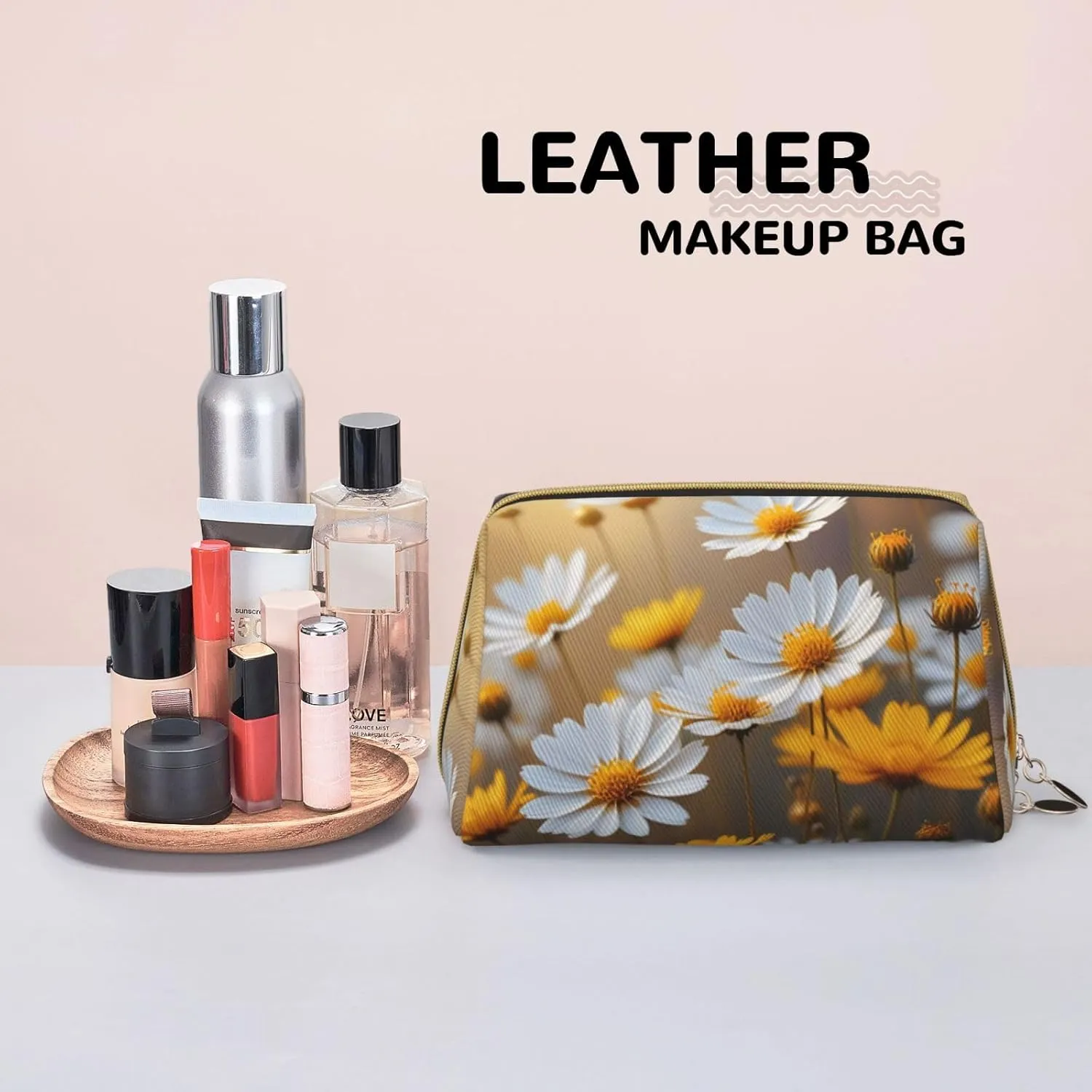 Many Golden Flowers Printed Small Makeup Bag,Travel Cosmetic Bag Purse with Zipper,Water-resistant Makeup Organizer Bag for Women