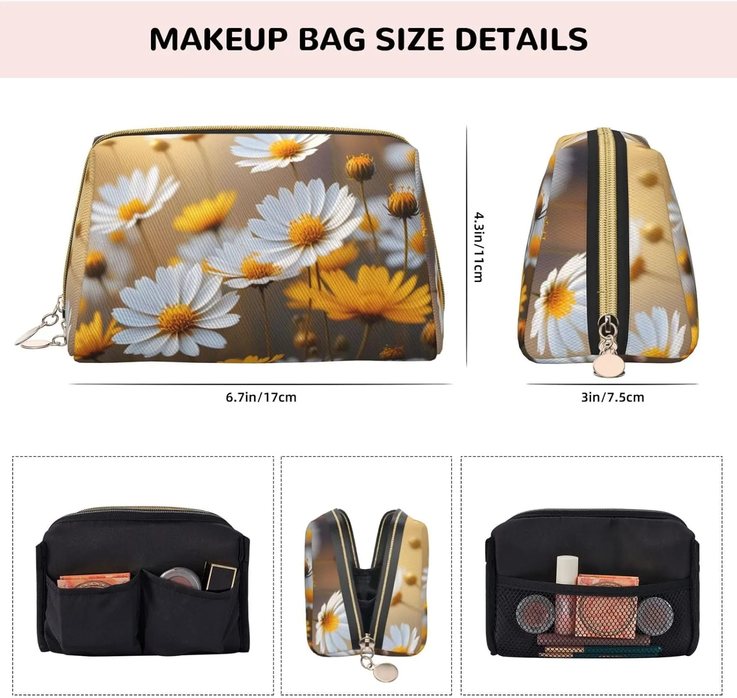 Many Golden Flowers Printed Small Makeup Bag,Travel Cosmetic Bag Purse with Zipper,Water-resistant Makeup Organizer Bag for Women