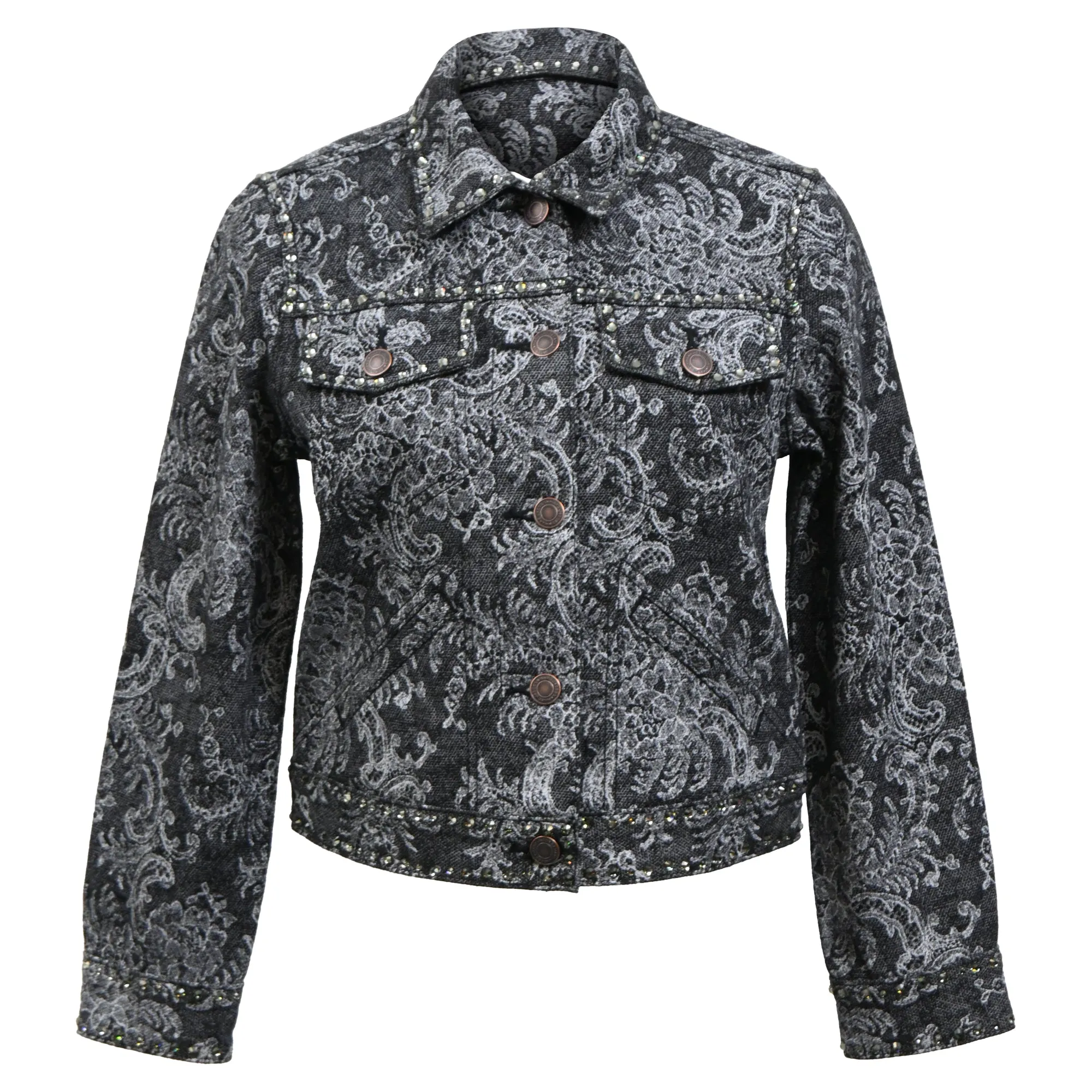 Marc Jacobs Lace-Print Embellished Jacket in Black Cotton Denim
