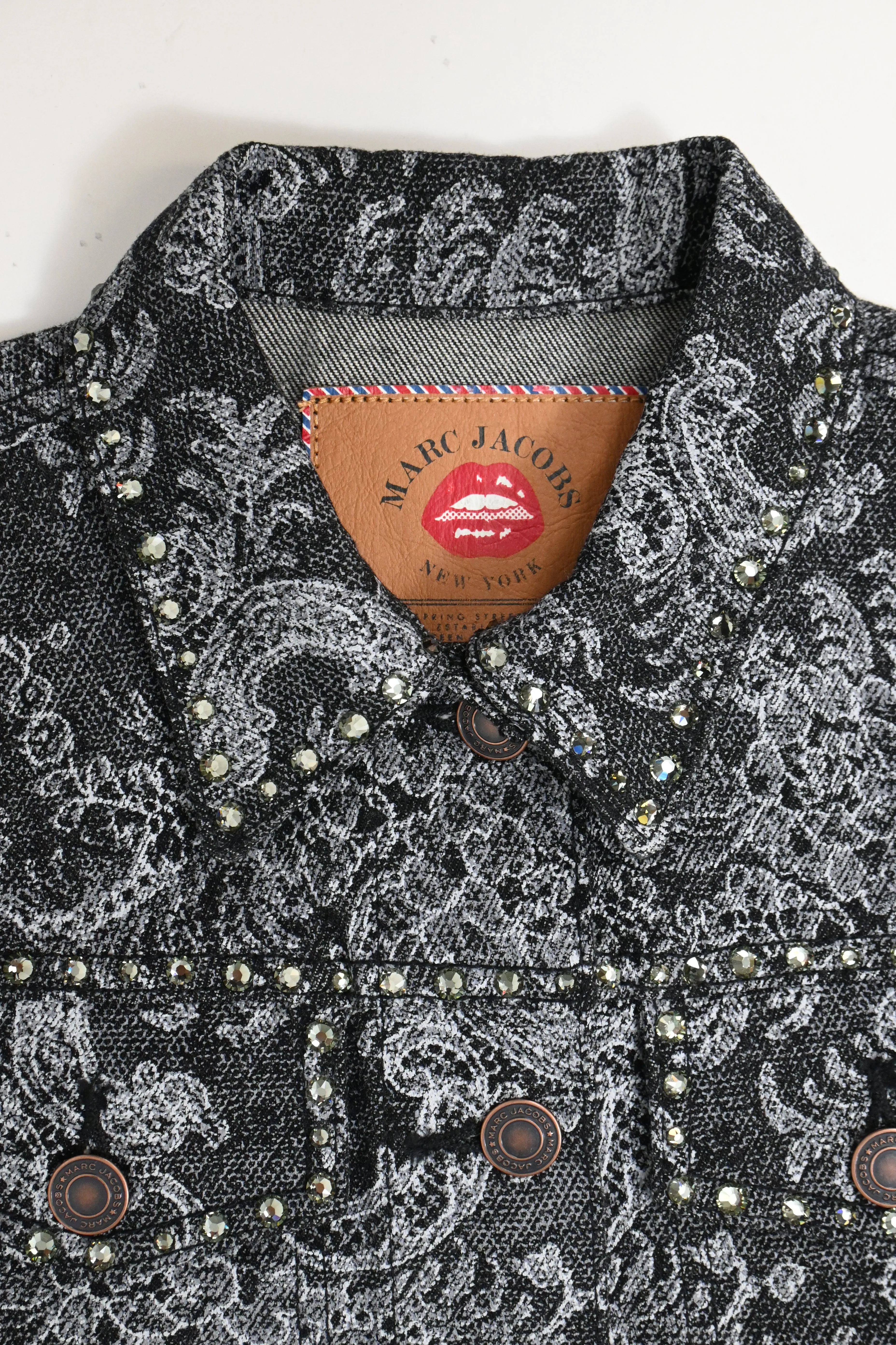 Marc Jacobs Lace-Print Embellished Jacket in Black Cotton Denim