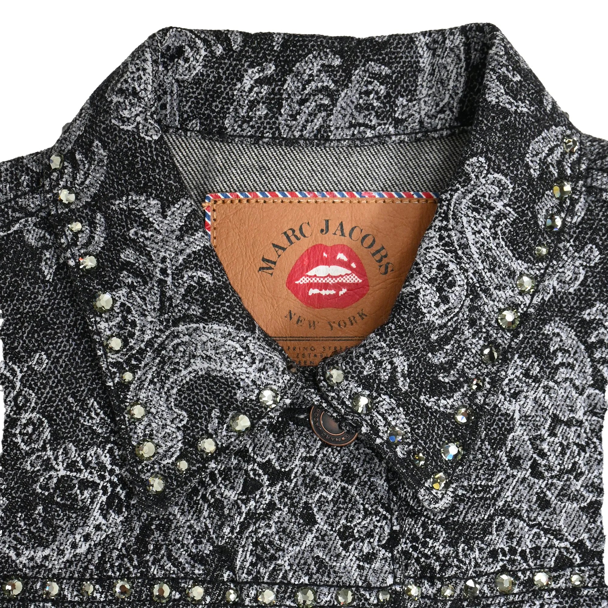 Marc Jacobs Lace-Print Embellished Jacket in Black Cotton Denim