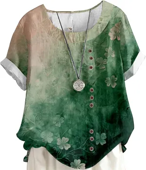 MARSVOVO Summer Button Up Shirt Women Multicolor Fashion Bohemian Print Plus Size Roll Up Short Sleeve Loose U Neck