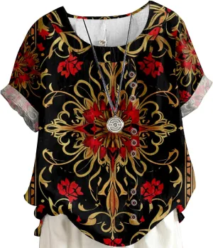 MARSVOVO Summer Button Up Shirt Women Multicolor Fashion Bohemian Print Plus Size Roll Up Short Sleeve Loose U Neck