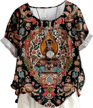MARSVOVO Summer Button Up Shirt Women Multicolor Fashion Bohemian Print Plus Size Roll Up Short Sleeve Loose U Neck