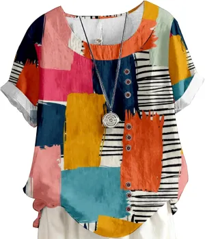 MARSVOVO Summer Button Up Shirt Women Multicolor Fashion Bohemian Print Plus Size Roll Up Short Sleeve Loose U Neck