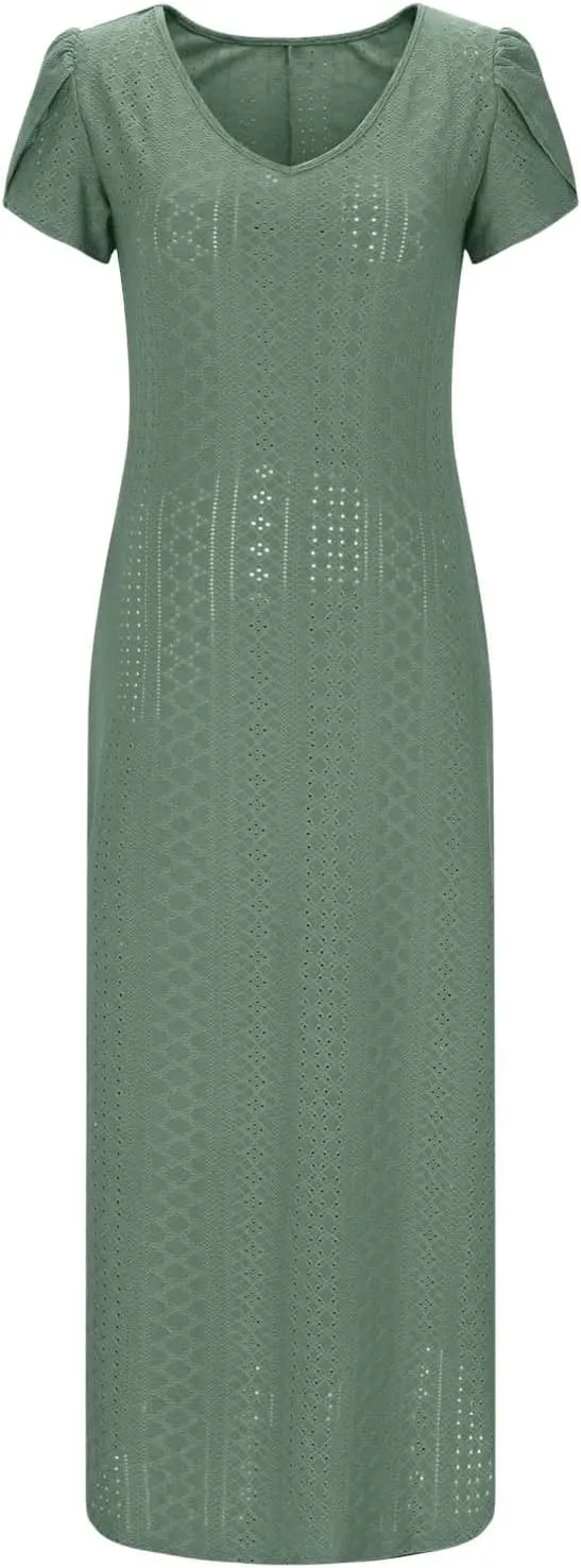 Maxi Dresses for Women 2025 Eyelet Casual Short Sleeve V-Neck Sundress Flowy Empire Waist Fashion Summer Dress